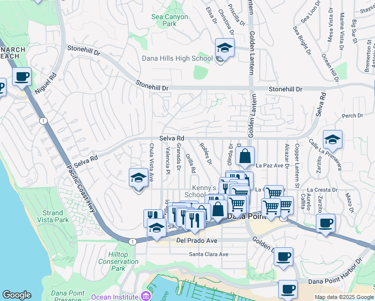 map of restaurants, bars, coffee shops, grocery stores, and more near 33752 Granada Drive in Dana Point
