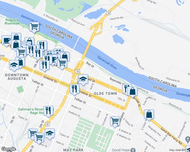 map of restaurants, bars, coffee shops, grocery stores, and more near 306 Reynolds Street in Augusta