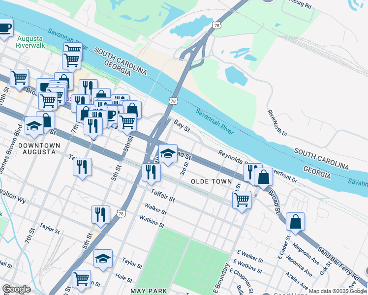 map of restaurants, bars, coffee shops, grocery stores, and more near 306 Reynolds Street in Augusta