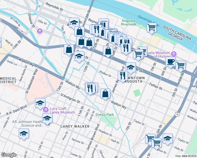 map of restaurants, bars, coffee shops, grocery stores, and more near 615 11th Street in Augusta