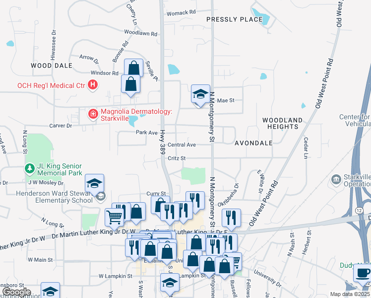 map of restaurants, bars, coffee shops, grocery stores, and more near 311 Central Avenue in Starkville