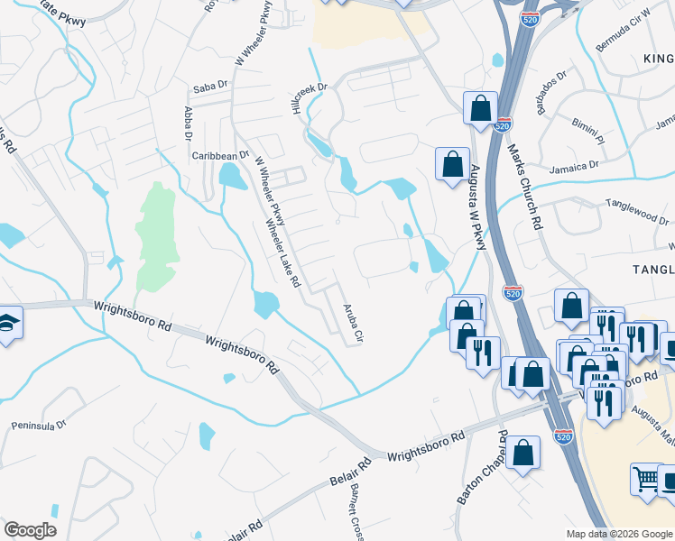 map of restaurants, bars, coffee shops, grocery stores, and more near 1199 Brookstone Way in Augusta