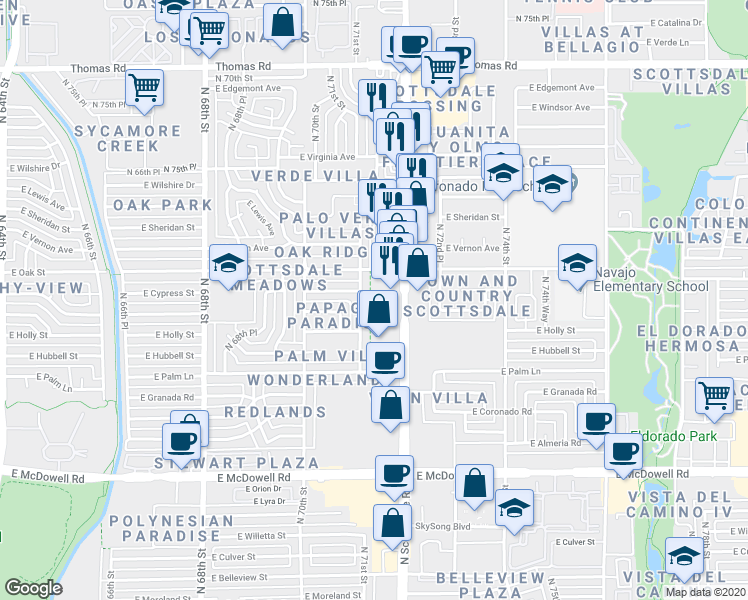 map of restaurants, bars, coffee shops, grocery stores, and more near 7123 East Oak Street in Scottsdale