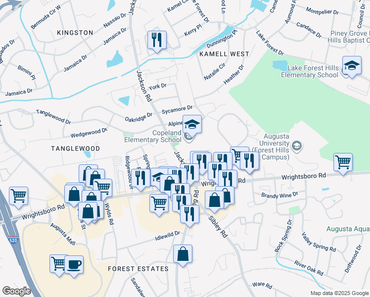 map of restaurants, bars, coffee shops, grocery stores, and more near 1440 Jackson Road in Augusta