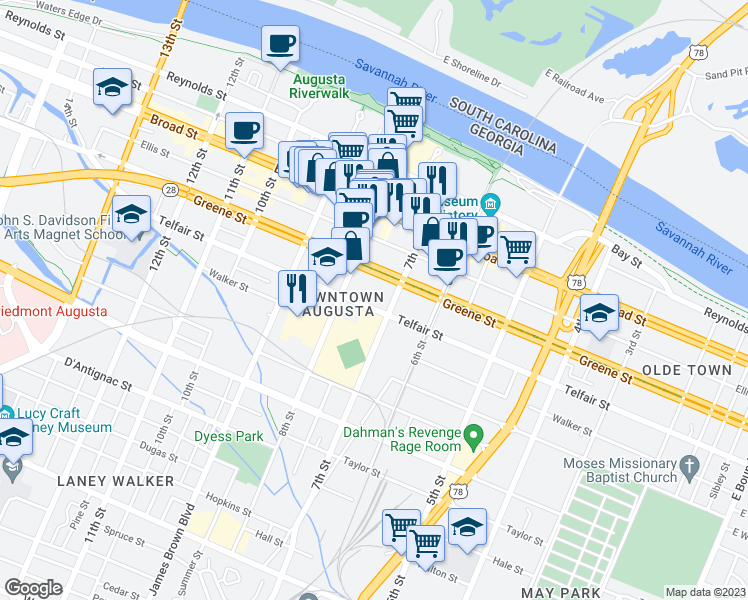 map of restaurants, bars, coffee shops, grocery stores, and more near 724 Greene Street in Augusta