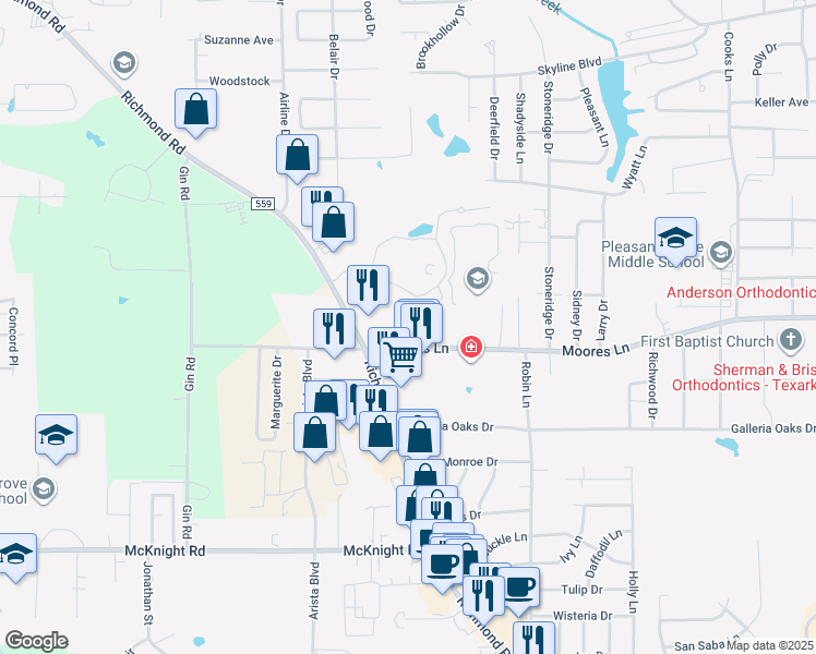 map of restaurants, bars, coffee shops, grocery stores, and more near 4204 Moores Lane in Texarkana
