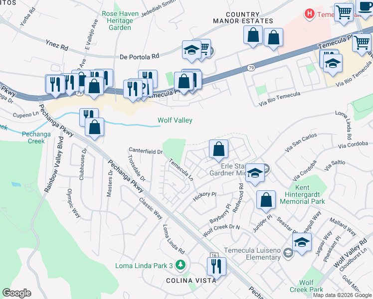 map of restaurants, bars, coffee shops, grocery stores, and more near 31104 Strawberry Tree Lane in Temecula