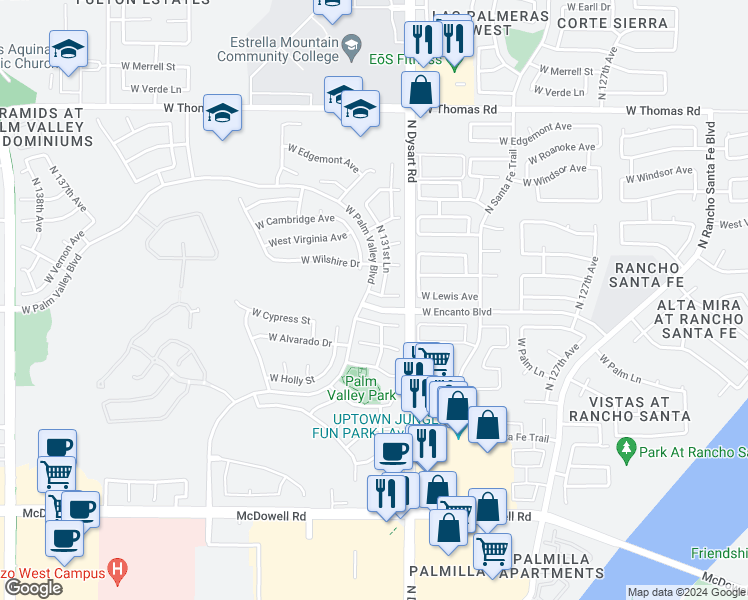map of restaurants, bars, coffee shops, grocery stores, and more near 13169 West Sheridan Street in Goodyear