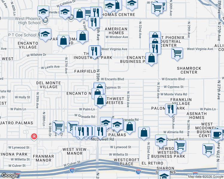 map of restaurants, bars, coffee shops, grocery stores, and more near 3402 West Cypress Street in Phoenix