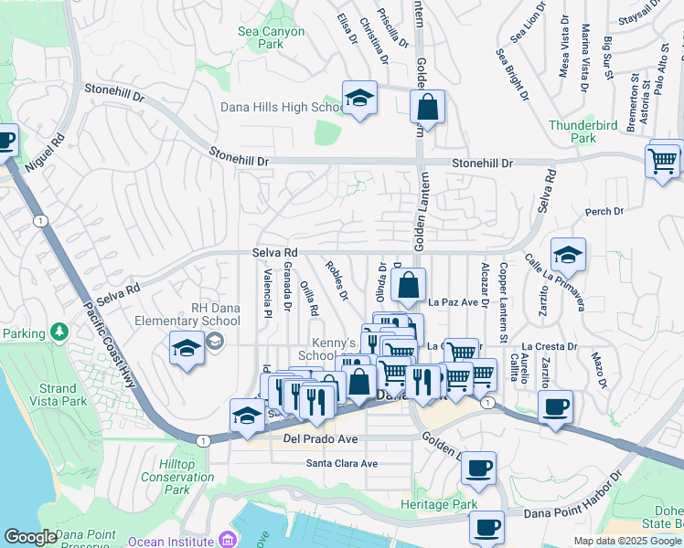 map of restaurants, bars, coffee shops, grocery stores, and more near 33792 Robles Drive in Dana Point