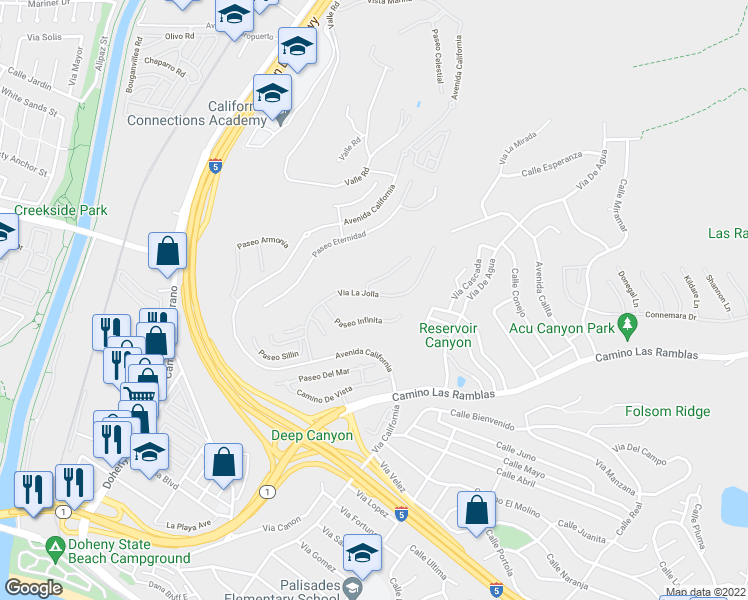 map of restaurants, bars, coffee shops, grocery stores, and more near 26542 Via La Jolla in San Juan Capistrano