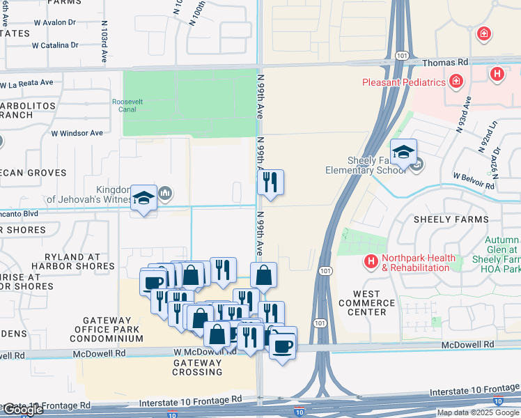 map of restaurants, bars, coffee shops, grocery stores, and more near 9901 West Encanto Boulevard in Avondale