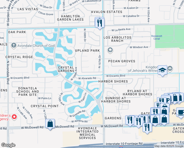 map of restaurants, bars, coffee shops, grocery stores, and more near 10760 West Encanto Boulevard in Avondale