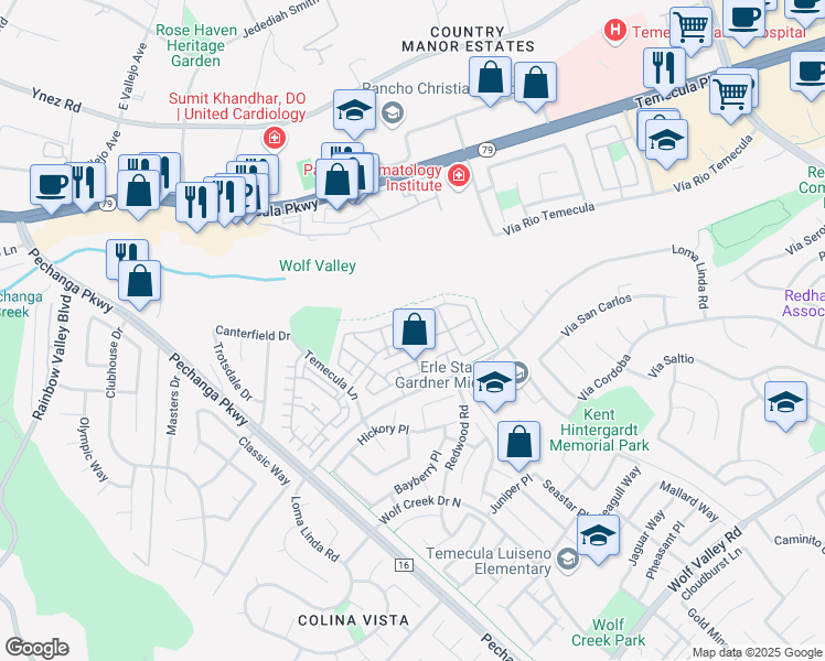 map of restaurants, bars, coffee shops, grocery stores, and more near 44932 Bellflower Lane in Temecula