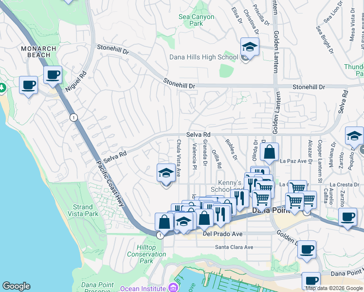 map of restaurants, bars, coffee shops, grocery stores, and more near 33792 Chula Vista Avenue in Dana Point