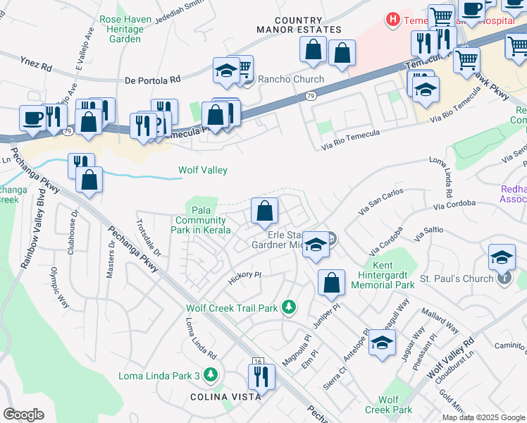 map of restaurants, bars, coffee shops, grocery stores, and more near 44932 Bellflower Lane in Temecula