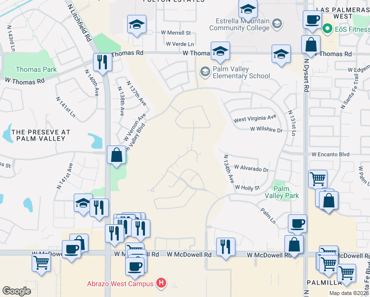 map of restaurants, bars, coffee shops, grocery stores, and more near 13514 West Cypress Street in Goodyear