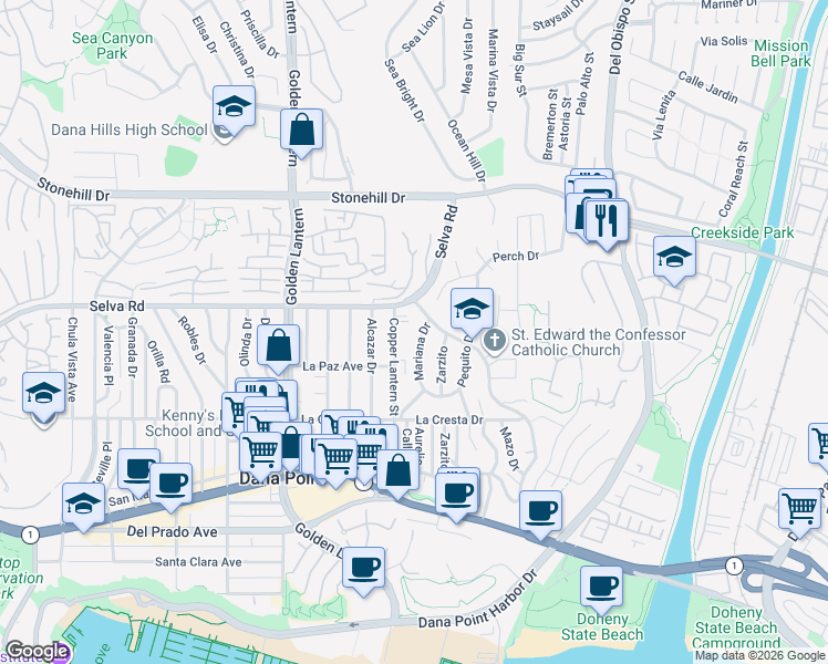 map of restaurants, bars, coffee shops, grocery stores, and more near 33751 Calle La Primavera in Dana Point