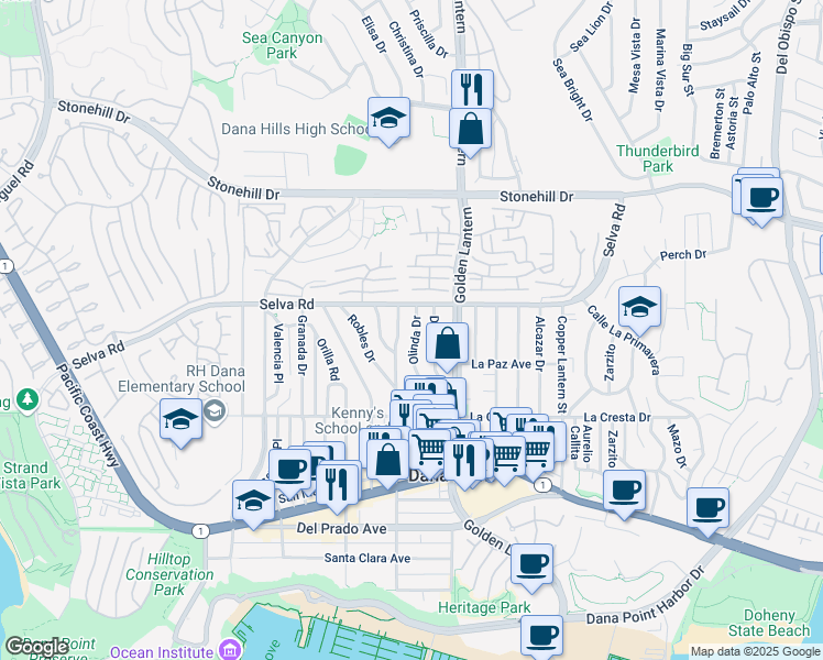 map of restaurants, bars, coffee shops, grocery stores, and more near 33791 Olinda Drive in Dana Point