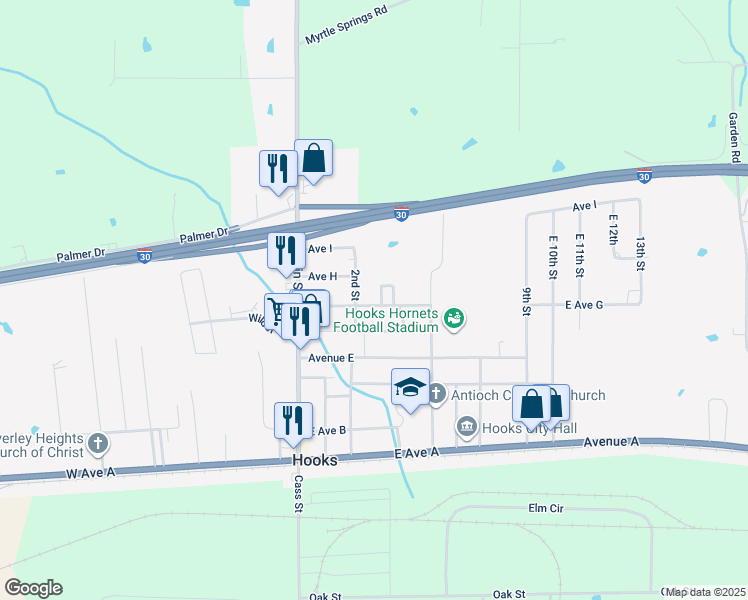 map of restaurants, bars, coffee shops, grocery stores, and more near 303 East Avenue G in Hooks