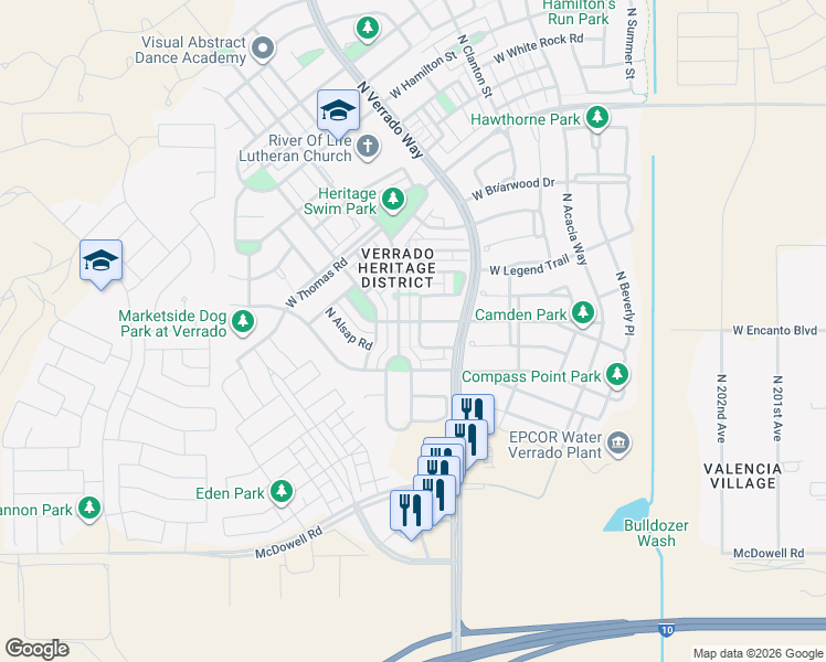 map of restaurants, bars, coffee shops, grocery stores, and more near 2308 North Valley View Drive in Buckeye
