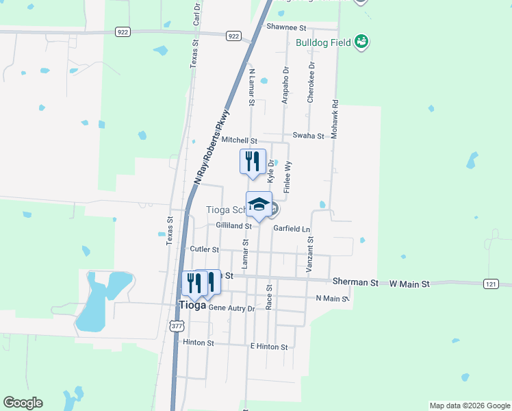 map of restaurants, bars, coffee shops, grocery stores, and more near 506 North Florence Street in Tioga