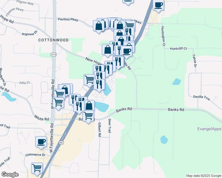 map of restaurants, bars, coffee shops, grocery stores, and more near 959-1199 Glynn Street North in Fayetteville