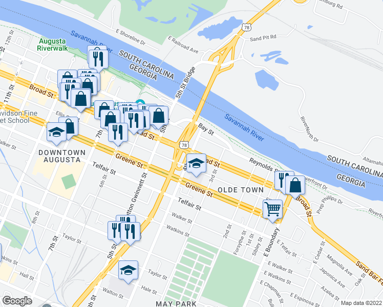 map of restaurants, bars, coffee shops, grocery stores, and more near Broad Street in Augusta