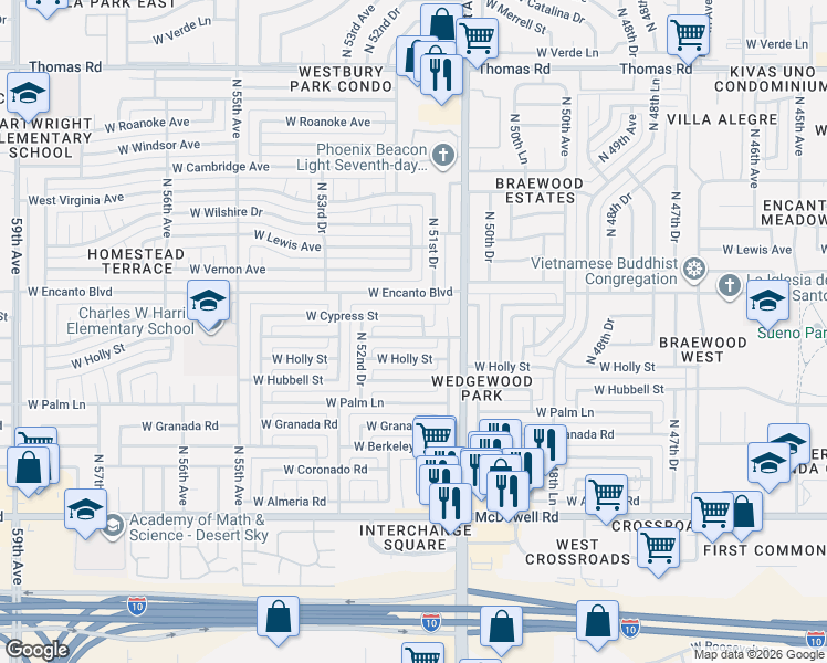 map of restaurants, bars, coffee shops, grocery stores, and more near 5206 West Cypress Street in Phoenix