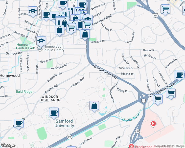 map of restaurants, bars, coffee shops, grocery stores, and more near 3441 Sandner Court in Homewood