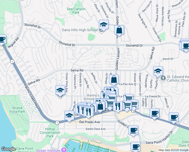 map of restaurants, bars, coffee shops, grocery stores, and more near 33782 Robles Drive in Dana Point