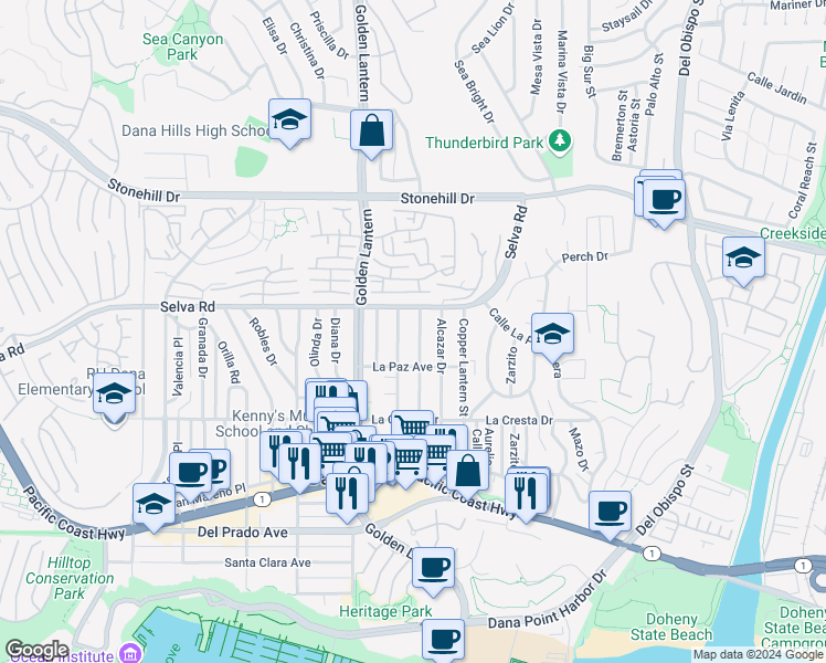 map of restaurants, bars, coffee shops, grocery stores, and more near 33791 Malaga Drive in Dana Point