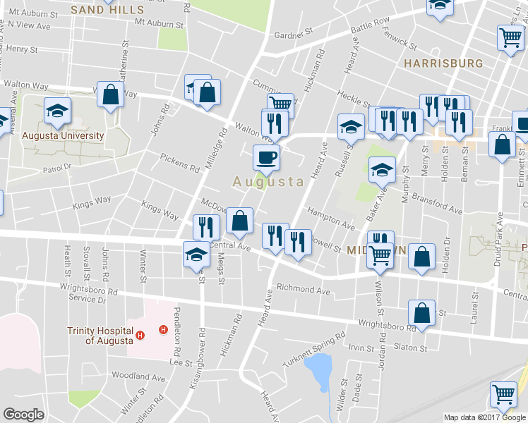 map of restaurants, bars, coffee shops, grocery stores, and more near Townvue Court in Augusta