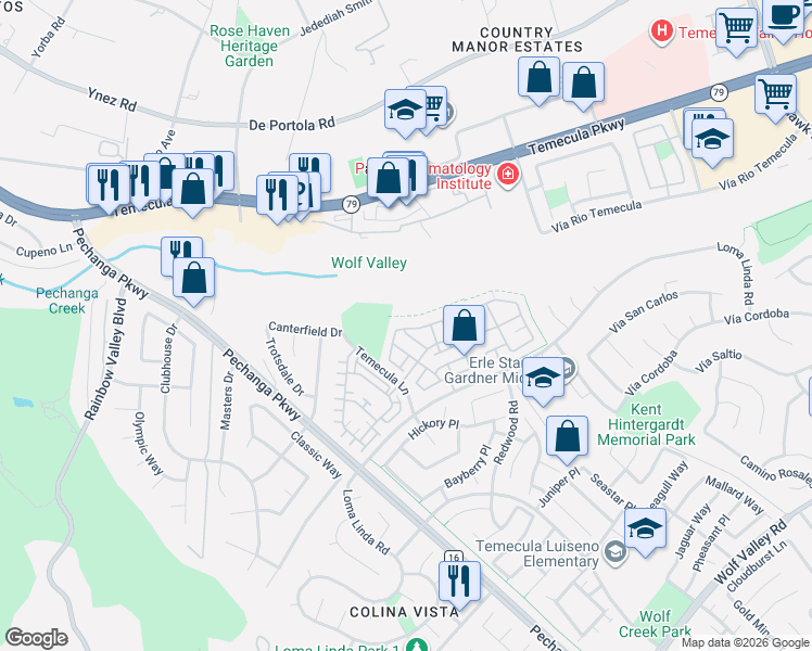 map of restaurants, bars, coffee shops, grocery stores, and more near 31128 Strawberry Tree Lane in Temecula