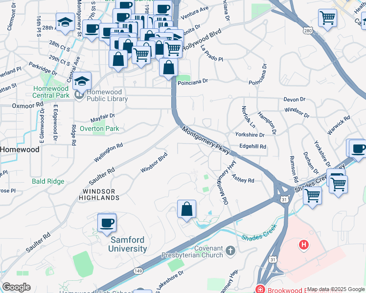 map of restaurants, bars, coffee shops, grocery stores, and more near 1929 Saulter Road in Birmingham