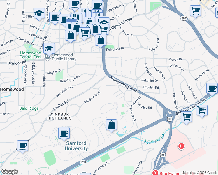 map of restaurants, bars, coffee shops, grocery stores, and more near 1929 Saulter Road in Birmingham
