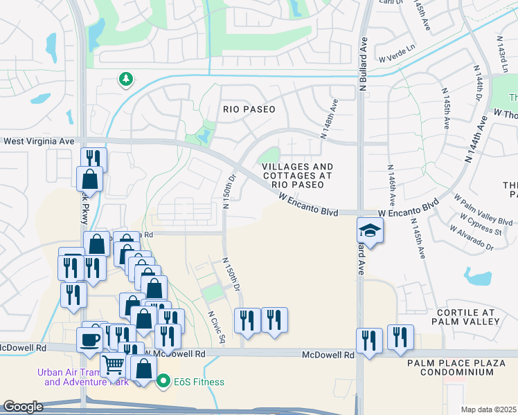 map of restaurants, bars, coffee shops, grocery stores, and more near 14965 West Encanto Boulevard in Goodyear