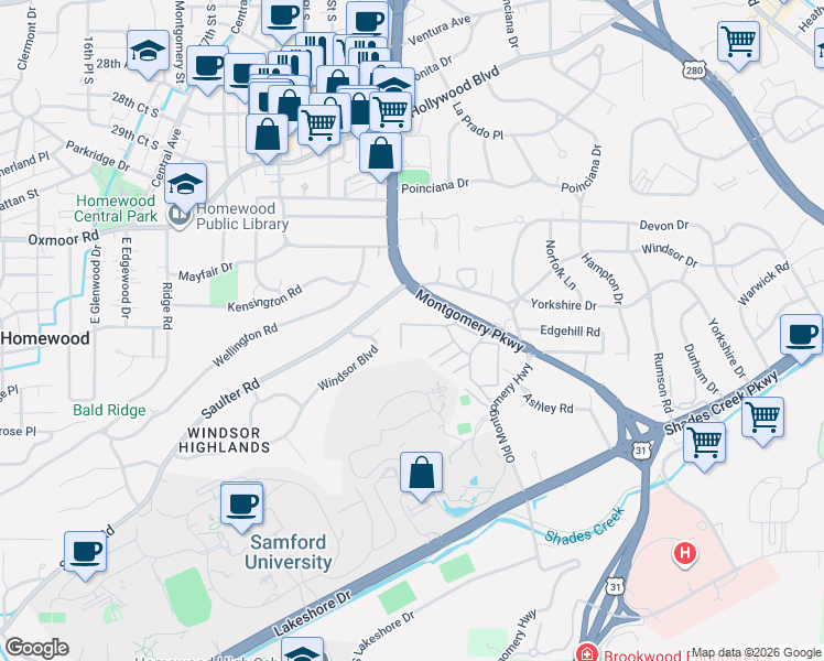 map of restaurants, bars, coffee shops, grocery stores, and more near 1929 Saulter Road in Birmingham