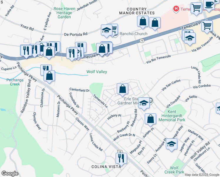 map of restaurants, bars, coffee shops, grocery stores, and more near 31154 Strawberry Tree Lane in Temecula