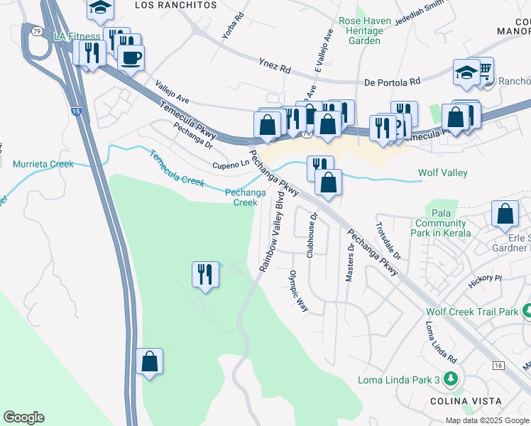 map of restaurants, bars, coffee shops, grocery stores, and more near 45077 Putting Green Court in Temecula
