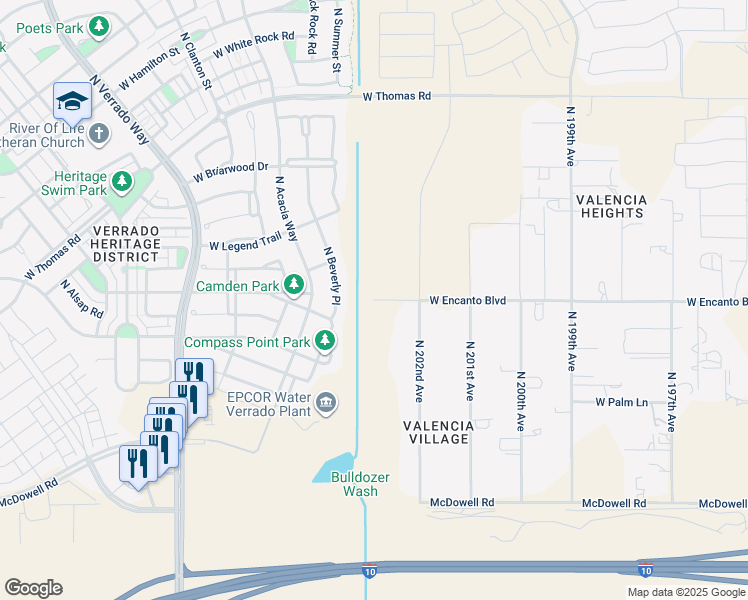 map of restaurants, bars, coffee shops, grocery stores, and more near 21201 West Encanto Boulevard in Buckeye