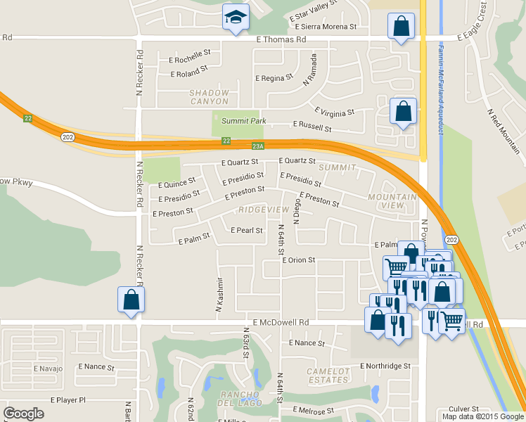 map of restaurants, bars, coffee shops, grocery stores, and more near 3124 North 64th Street in Mesa