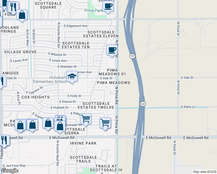 map of restaurants, bars, coffee shops, grocery stores, and more near 2229 North 87th Way in Scottsdale