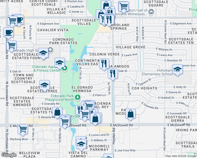 map of restaurants, bars, coffee shops, grocery stores, and more near 7819 East Oak Street in Scottsdale