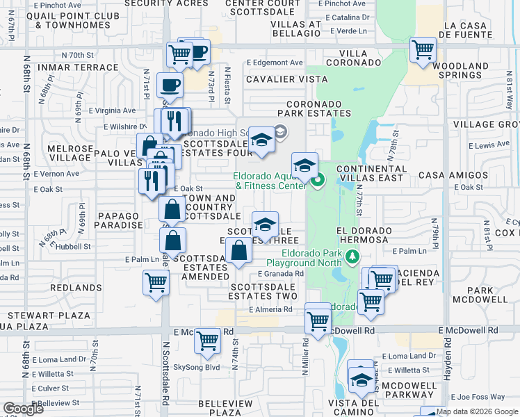 map of restaurants, bars, coffee shops, grocery stores, and more near 7421 East Oak Street in Scottsdale