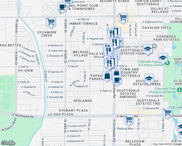 map of restaurants, bars, coffee shops, grocery stores, and more near 7008 East Cypress Street in Scottsdale
