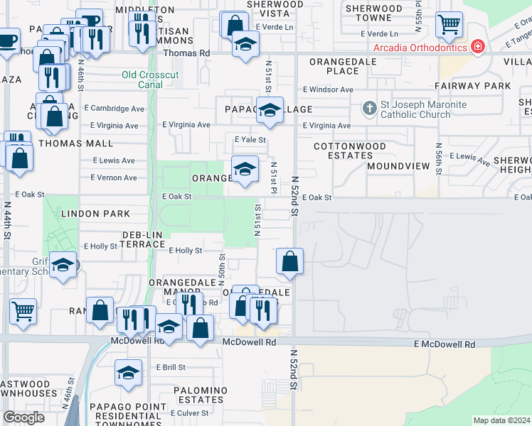 map of restaurants, bars, coffee shops, grocery stores, and more near 5035 East Oak Street in Phoenix