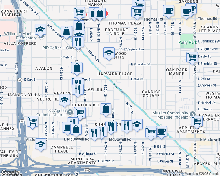 map of restaurants, bars, coffee shops, grocery stores, and more near 2219 North 25th Place in Phoenix