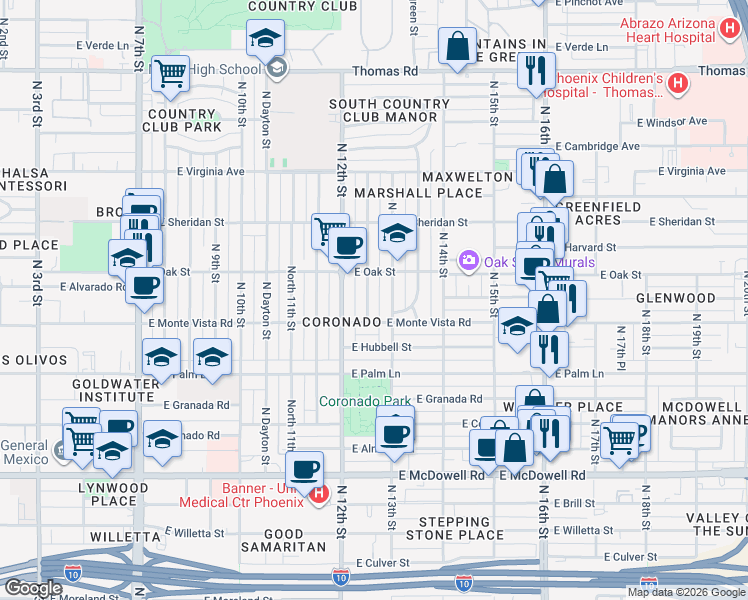 map of restaurants, bars, coffee shops, grocery stores, and more near 2236 North 13th Street in Phoenix