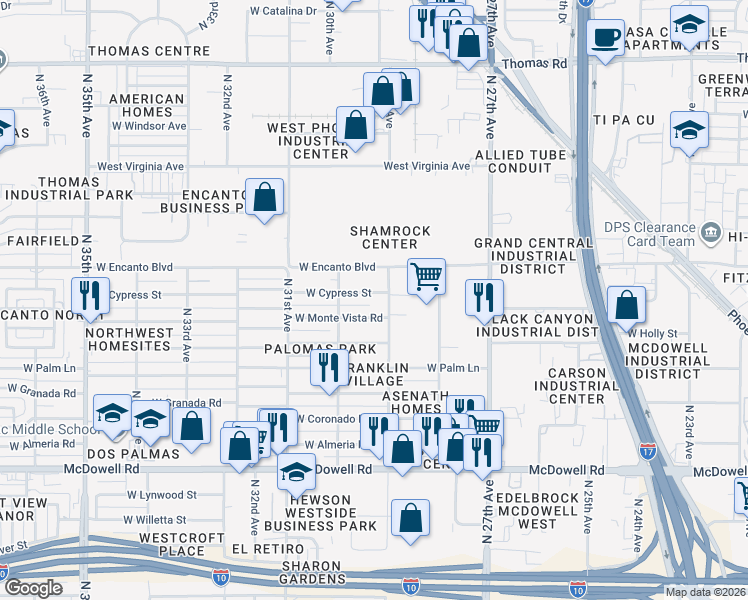 map of restaurants, bars, coffee shops, grocery stores, and more near 2910 West Cypress Street in Phoenix